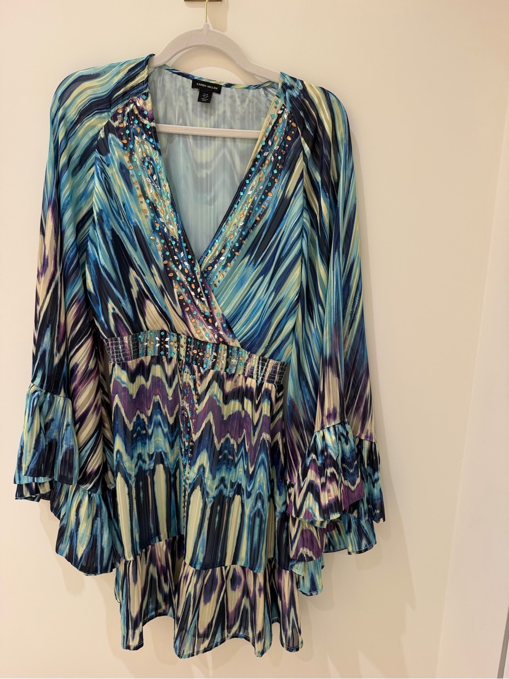 Karen Kane Blue Multi-Color Printed V-Neck Tunic with Embellished Trim